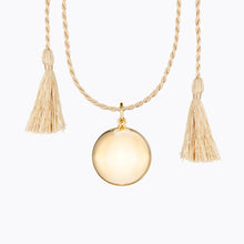 Load image into Gallery viewer, Maternity necklace / pregnancy necklace / harmony ball / bola  Baby lovey / Baby comforter Composition : pendant in 18 carat gold-tone brass, silver or 18 carat  rose gold-tone brass, cord and tassels in fair trade silk Measurements : pendant diameter: 20mm, cord length: 1100 mm