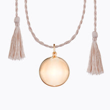 Load image into Gallery viewer, Maternity necklace / pregnancy necklace / harmony ball / bola Composition : pendant in 18 carat rose gold plated brass Cord and tassels in fair trade silk Measurements : pendant diameter: 20mm, cord length: 1100 mm