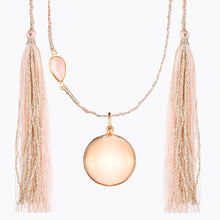 Load image into Gallery viewer, Maternity necklace / pregnancy necklace / harmony ball / bola  Baby lovey / Baby comforter Composition : pendant in 18 carat gold-tone brass, silver or 18 carat  rose gold-tone brass, cord and tassels in fair trade silk Measurements : pendant diameter: 20mm, cord length: 1300 mm