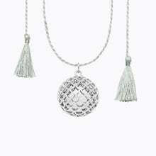 Load image into Gallery viewer, Maternity necklace / pregnancy necklace / harmony ball / bola  Composition : pendant in 18 carat gold-tone brass, silver or 18 carat  rose gold-tone brass, cord and tassels in fair trade silk Measurements : pendant diameter: 20mm, cord length: 1100 mm