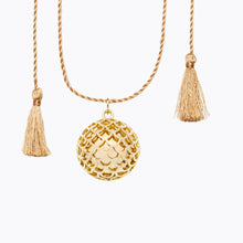 Load image into Gallery viewer, Maternity necklace / pregnancy necklace / harmony ball / bola  Composition : pendant in 18 carat gold-tone brass, silver or 18 carat  rose gold-tone brass, cord and tassels in fair trade silk Measurements : pendant diameter: 20mm, cord length: 1100 mm