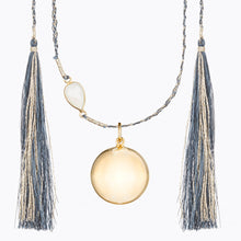 Load image into Gallery viewer, Maternity necklace / pregnancy necklace / harmony ball / bola Baby lovey / Baby comforter Composition : pendant in 18 carat gold-tone brass, silver or 18 carat rose gold-tone brass, cord and tassels in fair trade silk Measurements : pendant diameter: 20mm, cord length: 1300 mm