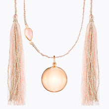 Load image into Gallery viewer, Maternity necklace / pregnancy necklace / harmony ball / bola Baby lovey / Baby comforter Composition : pendant in 18 carat gold-tone brass, silver or 18 carat rose gold-tone brass, cord and tassels in fair trade silk Measurements : pendant diameter: 20mm, cord length: 1300 mm
