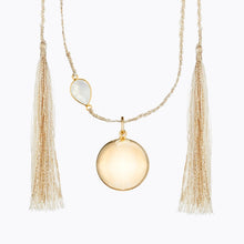 Load image into Gallery viewer, Maternity necklace / pregnancy necklace / harmony ball / bola Baby lovey / Baby comforter Composition : pendant in 18 carat gold-tone brass, silver or 18 carat rose gold-tone brass, cord and tassels in fair trade silk Measurements : pendant diameter: 20mm, cord length: 1300 mm