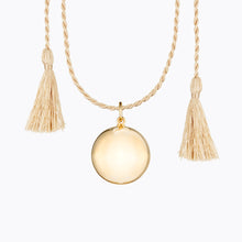 Load image into Gallery viewer, Maternity necklace / pregnancy necklace / harmony ball / bola Composition : pendant in 18 carat gold plated brass Cord and tassels in fair trade silk Measurements : pendant diameter: 20mm, cord length: 1100 mm
