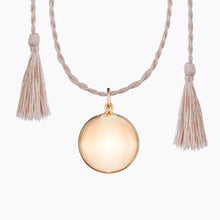 Load image into Gallery viewer, Maternity necklace / pregnancy necklace / harmony ball / bola Composition : pendant in 18 carat rose gold plated brass Cord and tassels in fair trade silk Measurements : pendant diameter: 20mm, cord length: 1100 mm
