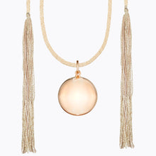 Load image into Gallery viewer, Maternity necklace / pregnancy necklace / harmony ball / bola  Composition : pendant in 18 carat rose gold plated brass  Cord in Lurex and tassels in silk Measurements : pendant diameter: 20mm, cord length: 1300 mm
