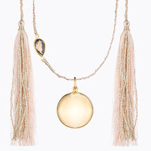 Load image into Gallery viewer, Maternity necklace / pregnancy necklace / harmony ball / bola  Baby lovey / Baby comforter Composition : pendant in 18 carat gold-tone brass, silver or 18 carat  rose gold-tone brass, cord and tassels in fair trade silk Measurements : pendant diameter: 20mm, cord length: 1300 mm
